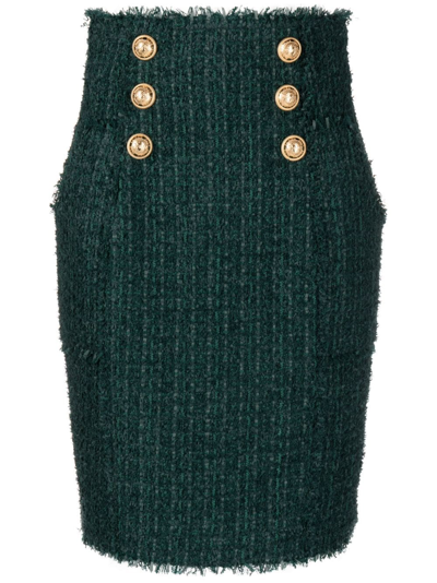Balmain Button-detail Tweed Pencil Skirt In Green