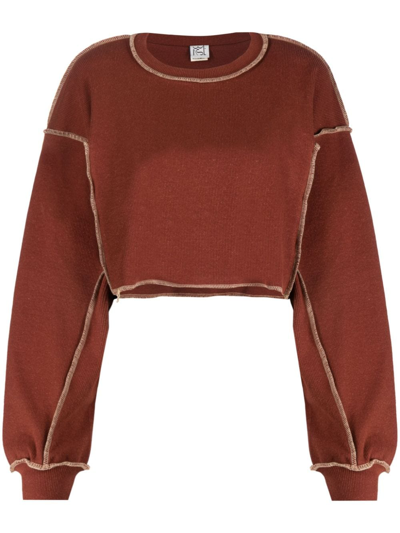 Baserange Omato Exposed Seams Cropped Sweatshirt In Brown