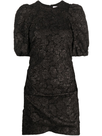 Ganni Patterned Floral-print Short Puff-sleeves Dress In Black