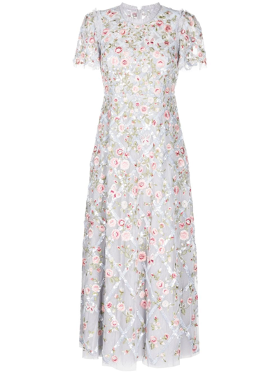 Needle & Thread Athena Floral-embroidered Midi Dress In Blue