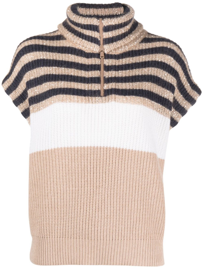Brunello Cucinelli Sequin-embellished Ribbed-knit Top In Neutrals