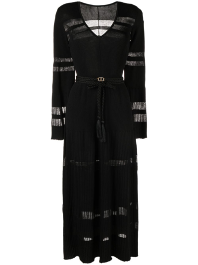 Twinset V-neck Belted Midi Dress In Black