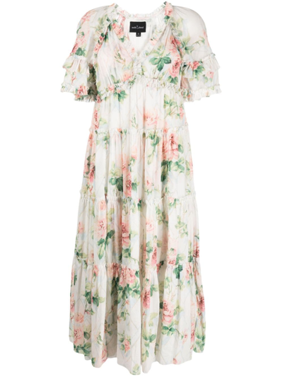 Needle & Thread Harlequin Floral-print Long-dress In White