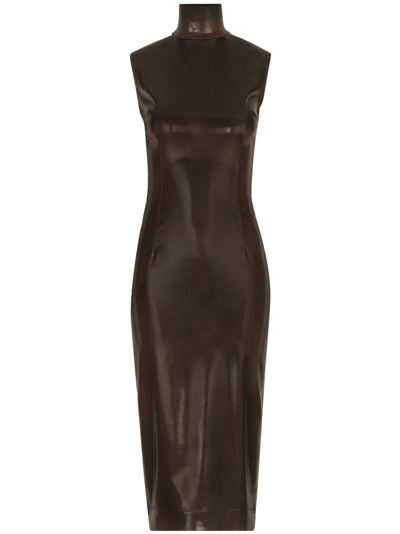 Dolce & Gabbana Coated High-neck Midi Dress In Brown