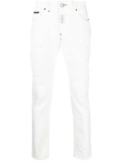 Philipp Plein Distressed Straight-leg Jeans In White