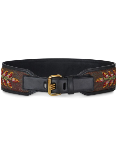 Etro Leaf-embroidery Leather Belt In Black