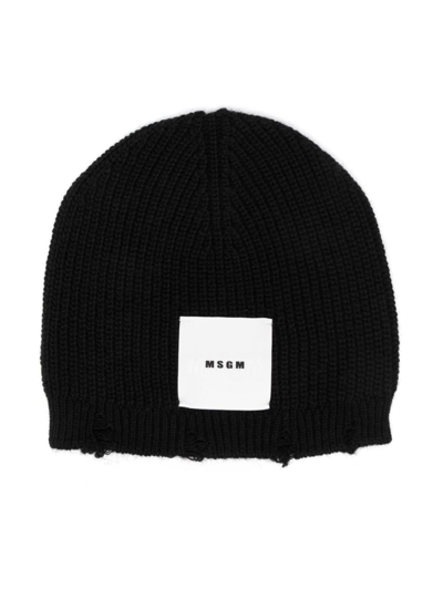 Msgm Kids' Logo-patch Knitted Beanie In Black