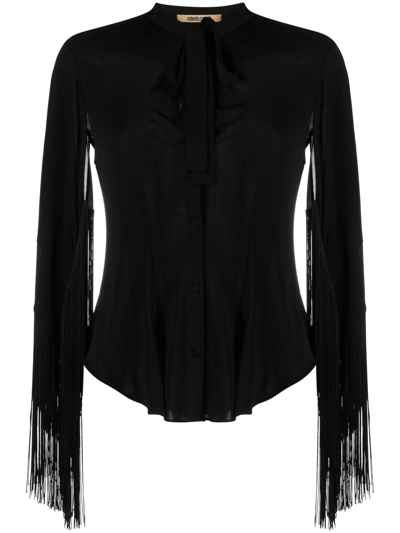 Roberto Cavalli Fringe Cuffs Tie-collar Shirt In Black