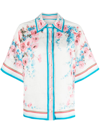 Zimmermann Halcyon Floral-print Linen Shirt In White