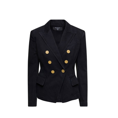 Balmain Double-breasted Denim Blazer In Black