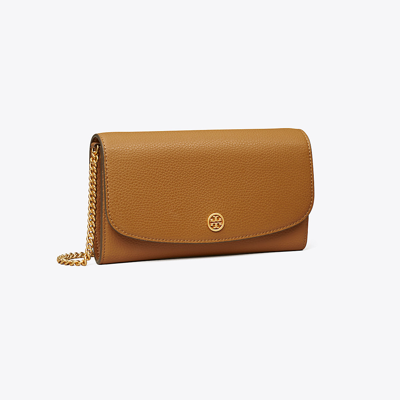 Tory Burch Robinson Pebbled Chain Wallet In Tiger's Eye