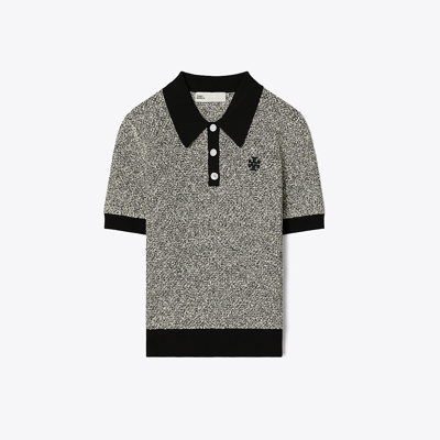 Tory Burch Speckled Knit Polo In Speckled Black