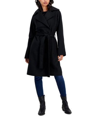 Collection B Junior's Trendy Belted Wrap Coat, Created For Macy's In Black