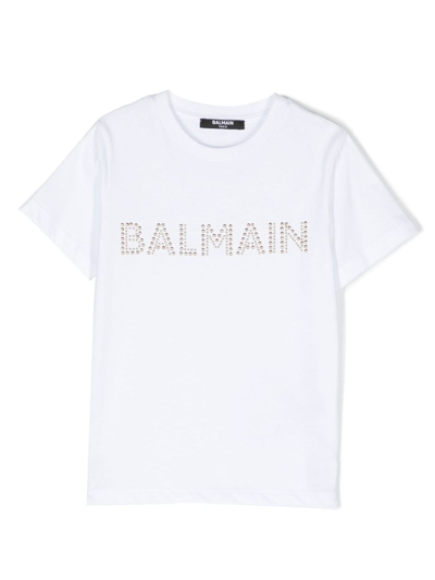 Balmain Kids' Logo-embellished Cotton T-shirt In White/silver