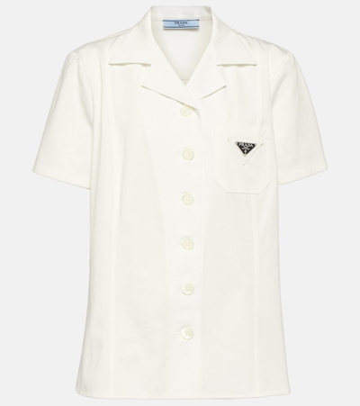 Prada Triangle Logo Cotton Shirt In Bianco
