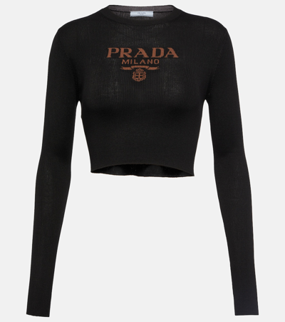 Prada Logo Ribbed-knit Silk Crop Top In Black