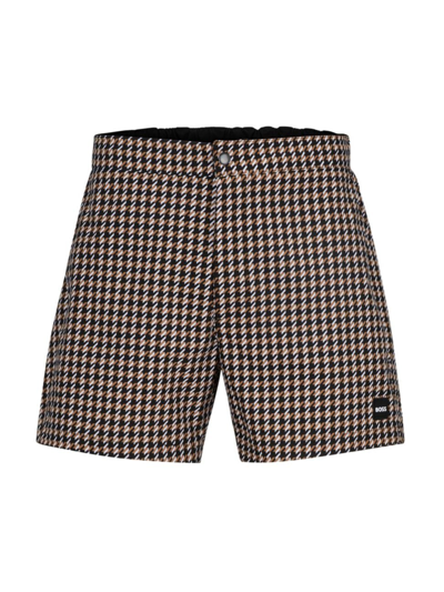 Hugo Boss Quick-drying Swim Shorts With Hounstooth Pattern In Beige
