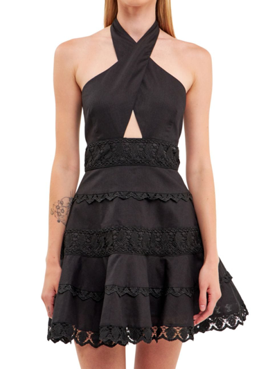 Endless Rose Halter Neck Lace Trim Dress In Black