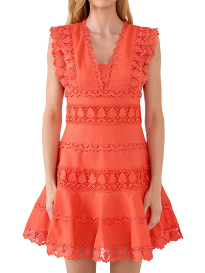 Shop Endless Rose Women's Plunging Neck Lace Trim Dress In Orange