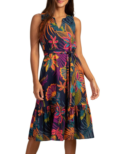 Trina Turk Underwater Floral-print Belted Sleeveless Dress In Neutral