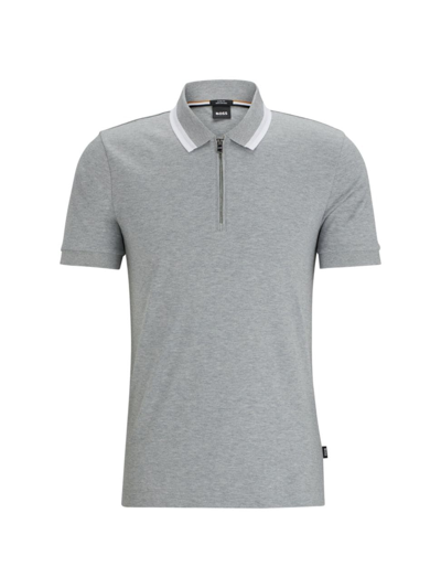 Hugo Boss Slim-fit Polo Shirt In Cotton With Zipper Neck In Silver