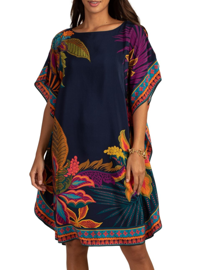 Trina Turk Global Floral Border Short-sleeve Silk Dress In Neutral