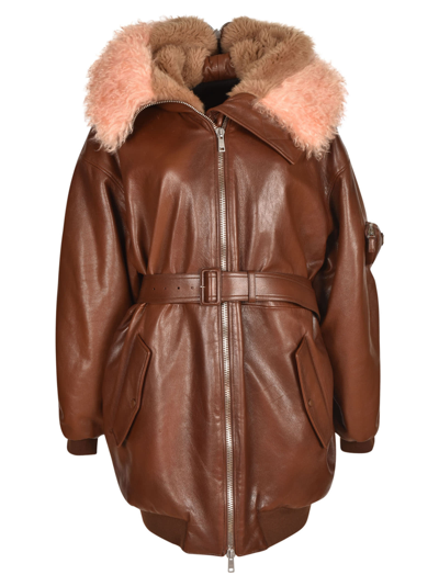 Prada Furred Hood Zip Belted Coat In Brown