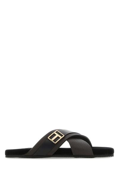 Tom Ford Man Black Leather Slippers In Marrone