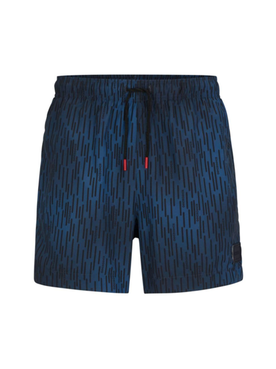 Hugo Quick-drying Recycled-fabric Swim Shorts With Signature Print In Dark Blue