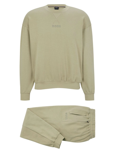 Hugo Boss Women's Suede-look Pajamas In Organic Cotton With Embroidered Logos In Light Green