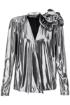Magda Butrym Jersey Blouse With Rose Applique In Silver,metallic