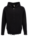 GIORGIO BRATO DESTROYED DETAILS HOODED CARDIGAN SWEATER, CARDIGANS BLACK