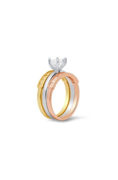 Queen Jewels Set Of 3 Cubic Zirconia Solitaire & Baguette Band Rings In Silver/ Gold/ Rose Gold