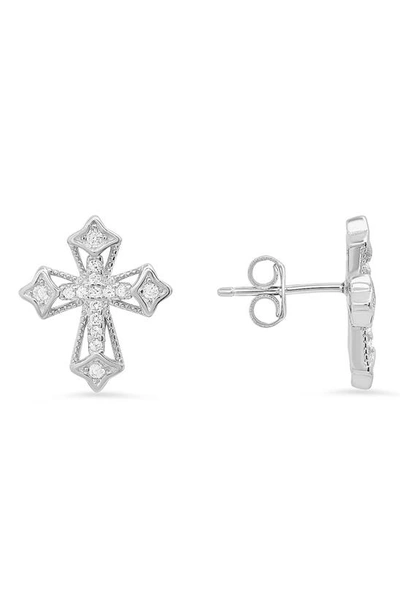 Queen Jewels Cz Pavé Cross Stud Earrings In Silver