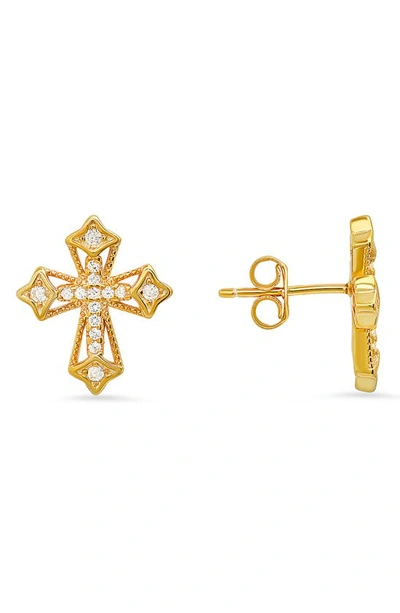 Queen Jewels Cz Pavé Cross Stud Earrings In Gold