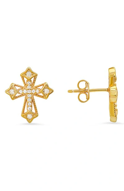 Queen Jewels Sterling Silver Cz Pavé Cross Stud Earrings In Gold