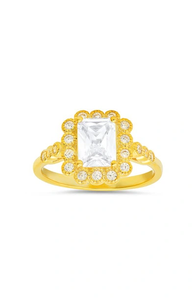 Queen Jewels Halo Frame Emerald Cut Cz Ring In Gold