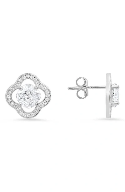 Queen Jewels Cushion Cut Flower Stud Earrings In Silver