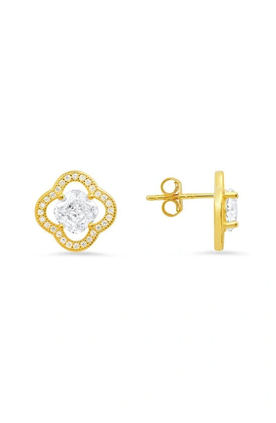 Queen Jewels Cushion Cut Flower Stud Earrings In Gold