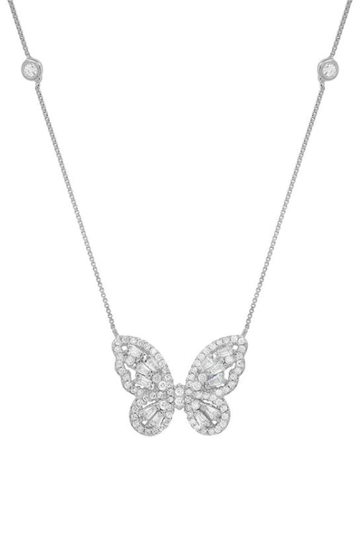 Queen Jewels Cz Embellished Butterfly Pendant Station Chain Necklace In Silver
