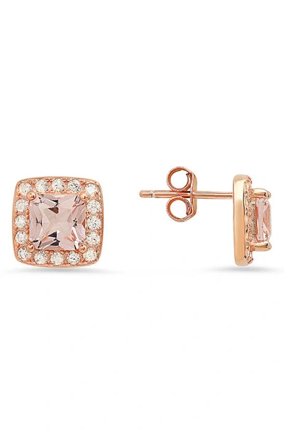 Queen Jewels Asscher Cubic Zircona Halo Stud Earrings In Rose Gold