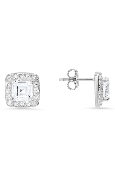 Queen Jewels Asscher Cubic Zircona Halo Stud Earrings In Silver
