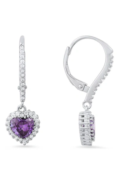 Queen Jewels Sterling Silver Cubic Zirconia Halo Birthstone Heart Drop Earrings In Amethyst/silver - February