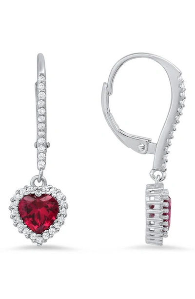 Queen Jewels Sterling Silver Cubic Zirconia Halo Birthstone Heart Drop Earrings In Ruby/silver - July