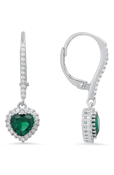 Queen Jewels Sterling Silver Cubic Zirconia Halo Birthstone Heart Drop Earrings In Emerald/silver - May