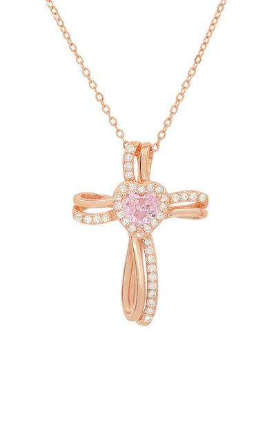 Queen Jewels Cz Heart Cross Pendant Necklace In Rose Gold