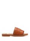 Chloé Woody Embroidered Logo Leather Slide Sandal In Brown
