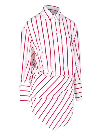 Attico Hatty Asymmetric Striped Poplin Mini Shirt Dress In White/shades Of Red