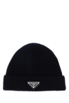 Prada Wool Blend Beanie Hat With Ribbed Knit In Blu