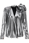 Magda Butrym Jersey Blouse With Rose Applique In Silver (silver)